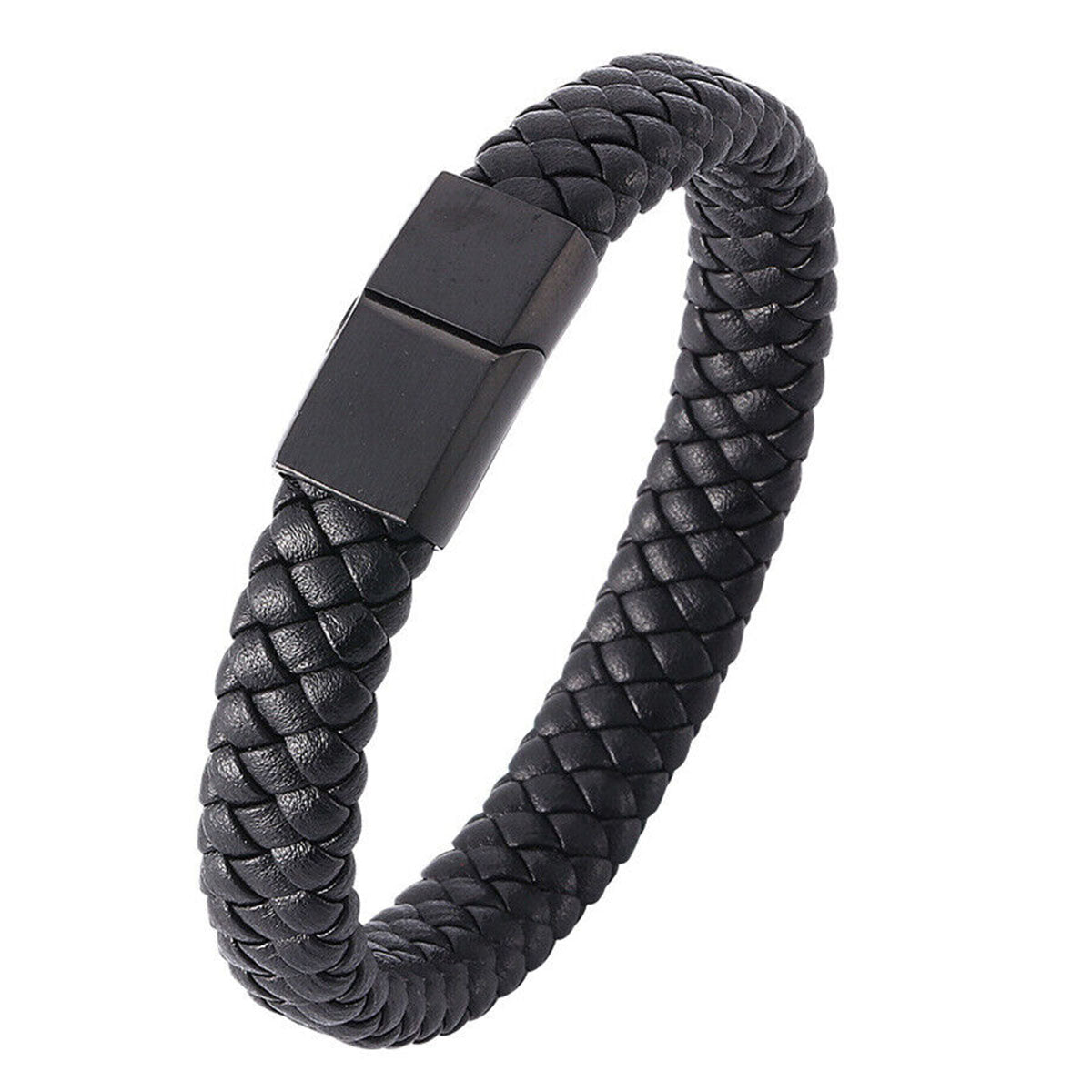 Men's Braided Leather Stainless Steel Bracelet Magnetic Rope Wrist Black Color