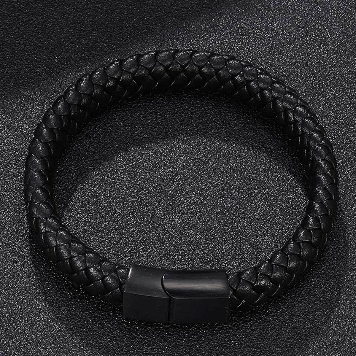 Men's Braided Leather Stainless Steel Bracelet Magnetic Rope Wrist Black Color