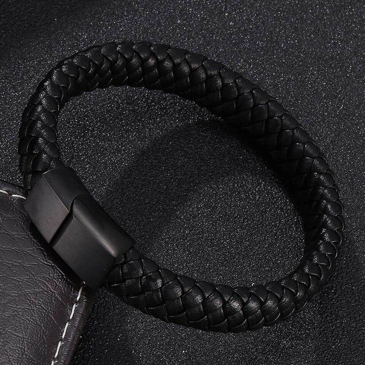 Men's Braided Leather Stainless Steel Bracelet Magnetic Rope Wrist Black Color