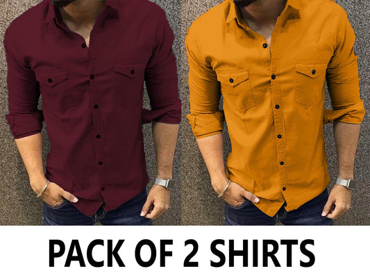 Pack of 2 Double Pocket Shirts - Maroon & Mustard