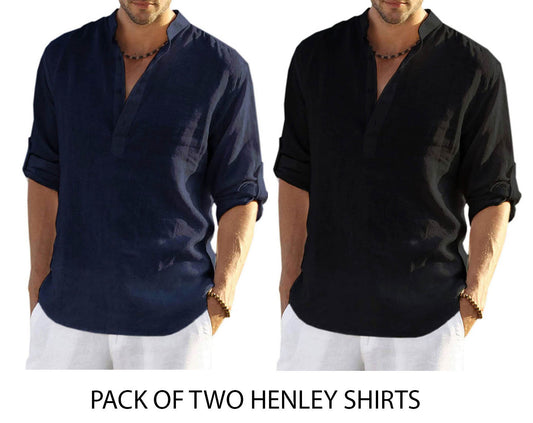 Pack of Two Cotton Henley Shirt Navy & Black