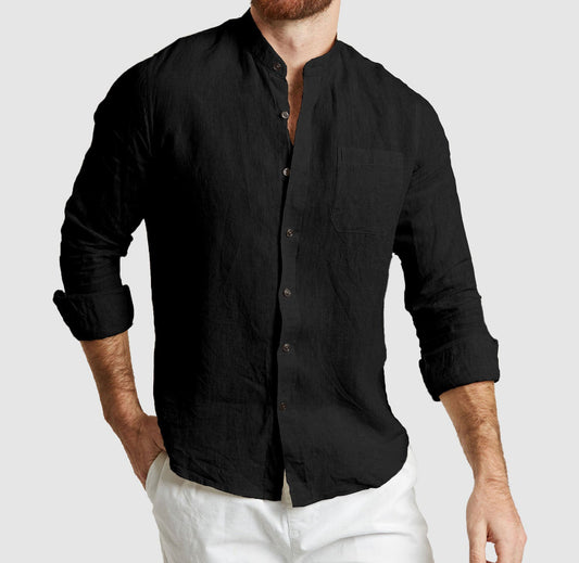 Pure Linen Mandarin Collar Shirt - Square Pocket - Regular Fit