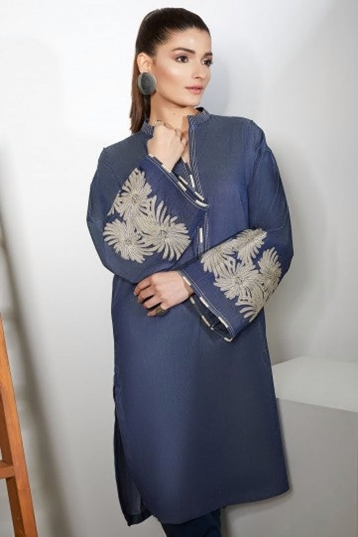 Dyed Embroidered Denim Kurti