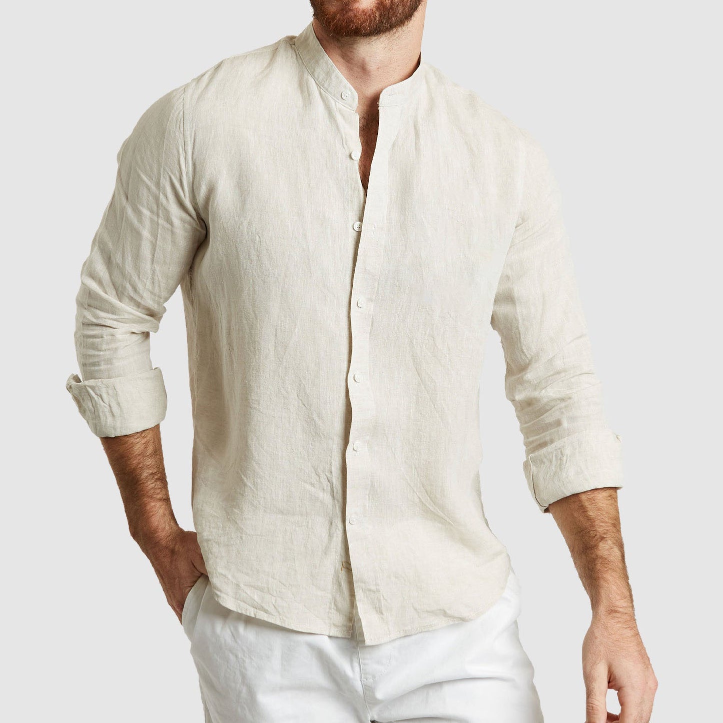 Pure Linen Mandarin Collar Shirt - Square Pocket - Regular Fit