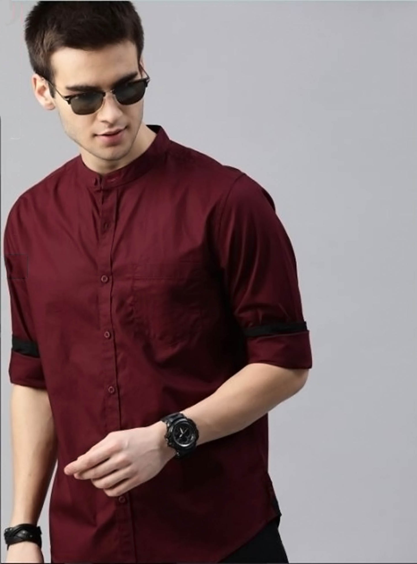 Sherwani Collar Maroon Shirt Single Pocket Black Cuff - Code # W123