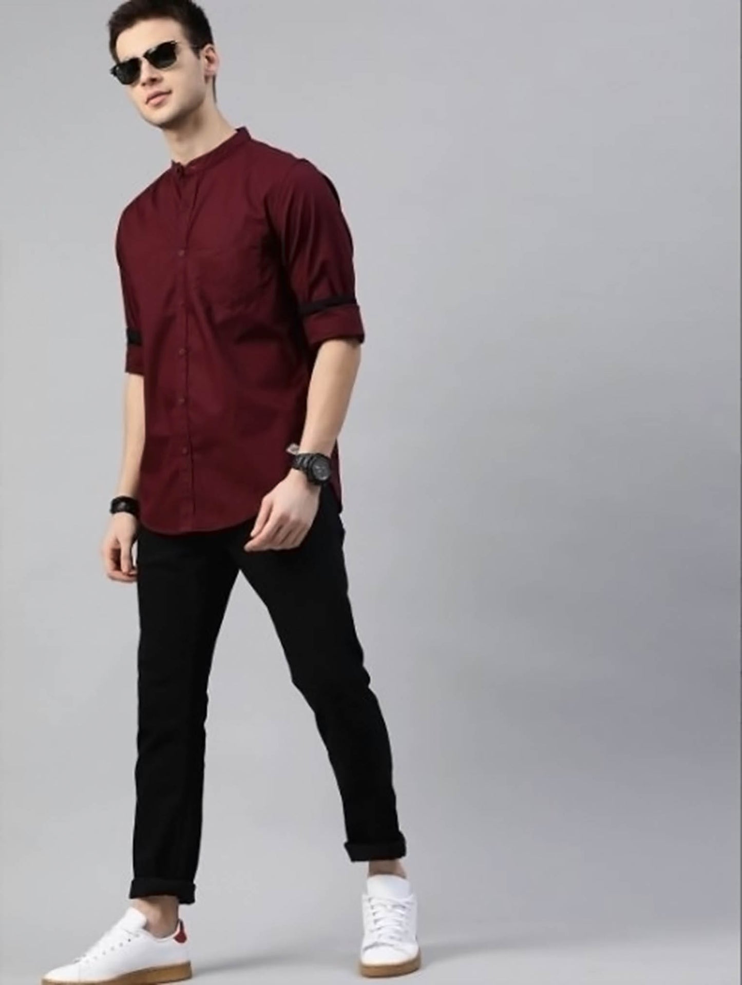 Sherwani Collar Maroon Shirt Single Pocket Black Cuff - Code # W123