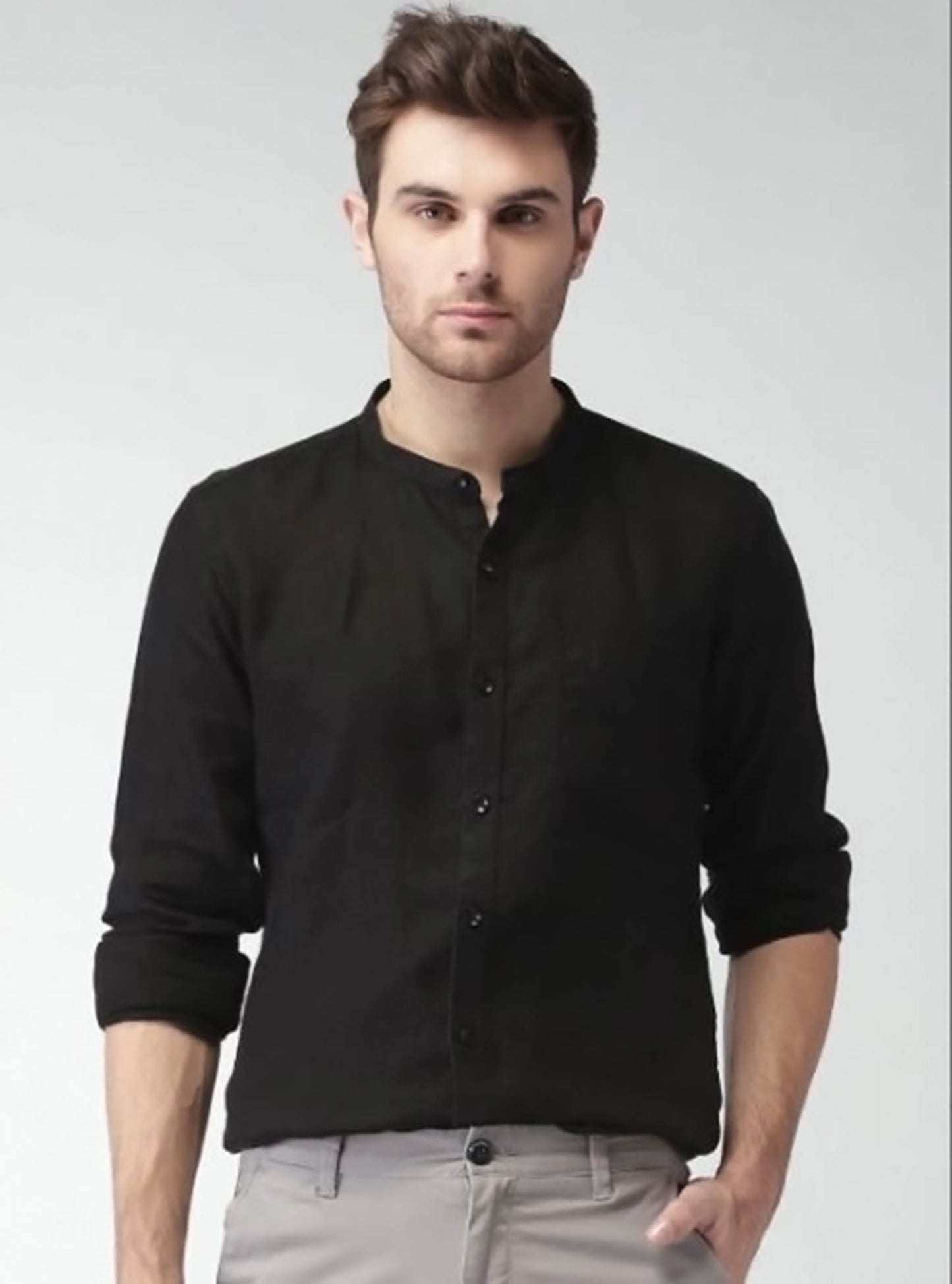 Sherwani Collar Black Shirt Single Pocket - Code # W120