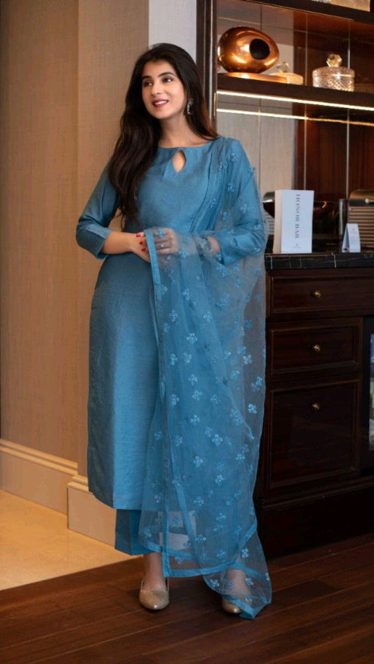 Elegant Look Blue Pant Style Suit With Dupatta - Ready to Wear