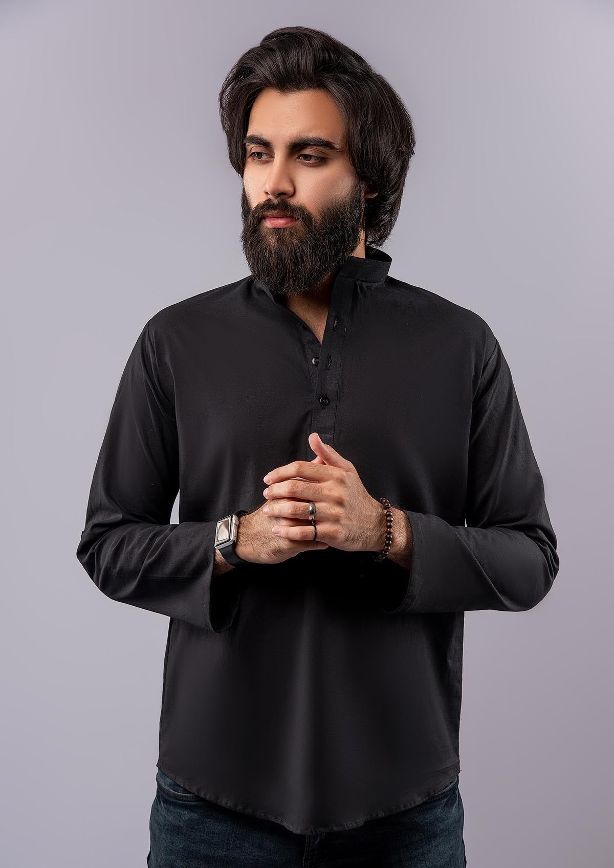 Cotton Henley Shirt - Black