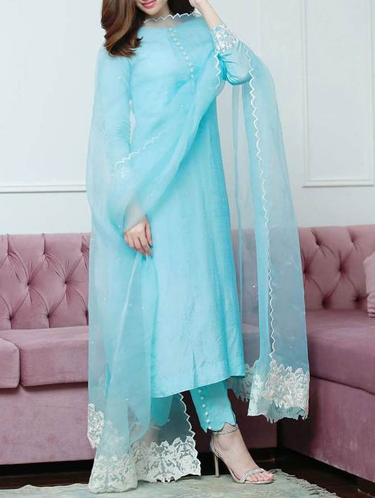 Decent Look Sky Blue Pant Style Suit With Dupatta - Ready to Wear
