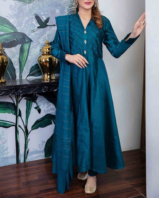 Chambray Katan Long Crosswork Frock Suit - Ready to Wear