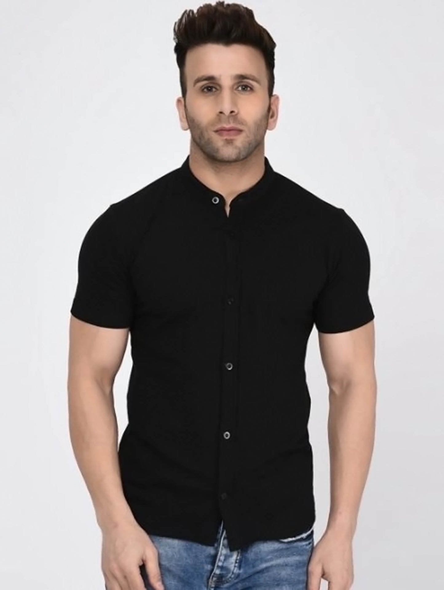 Slim Fit Black Half Sleeves Shirt - Boski Linen