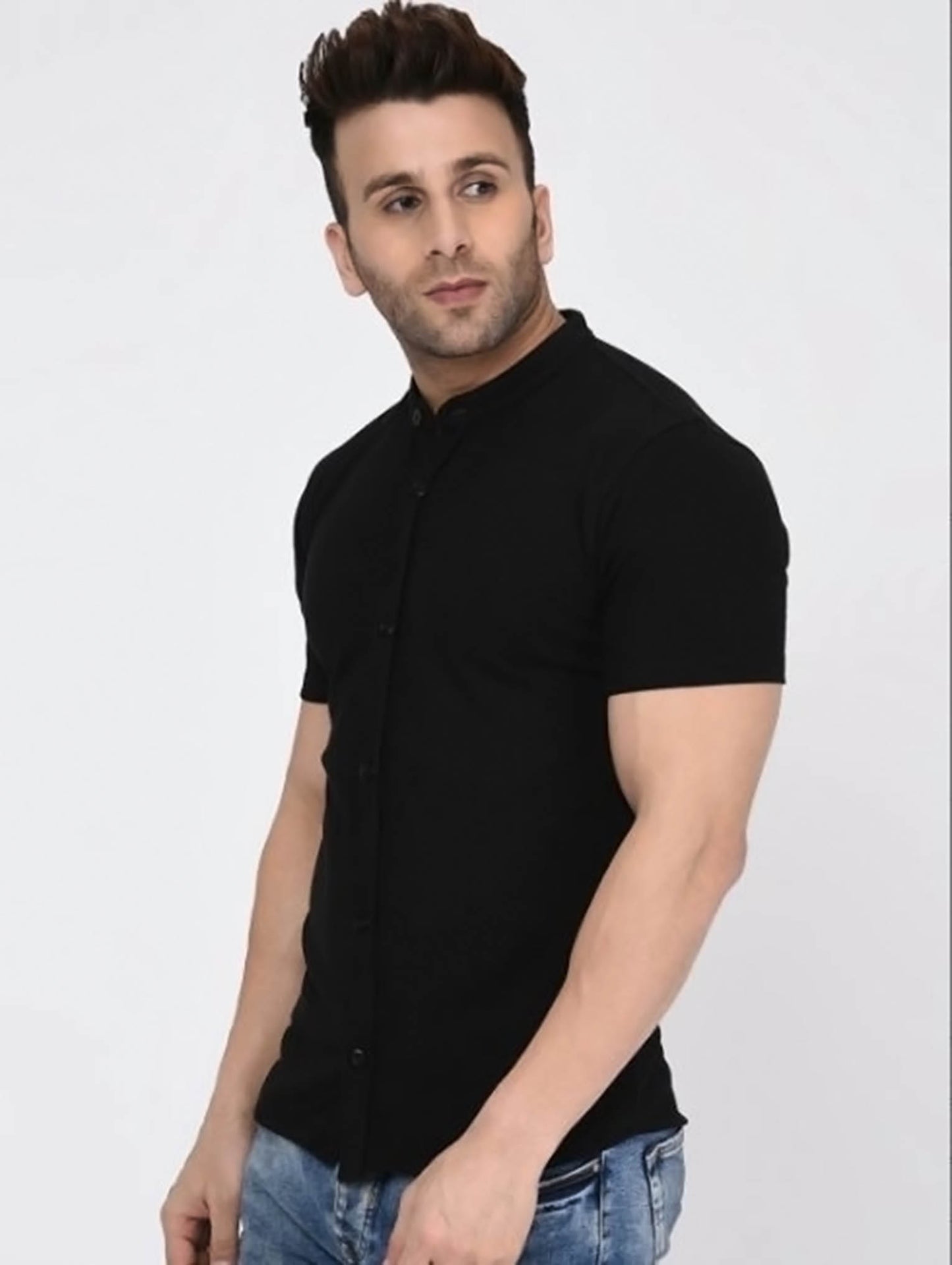 Slim Fit Black Half Sleeves Shirt - Boski Linen