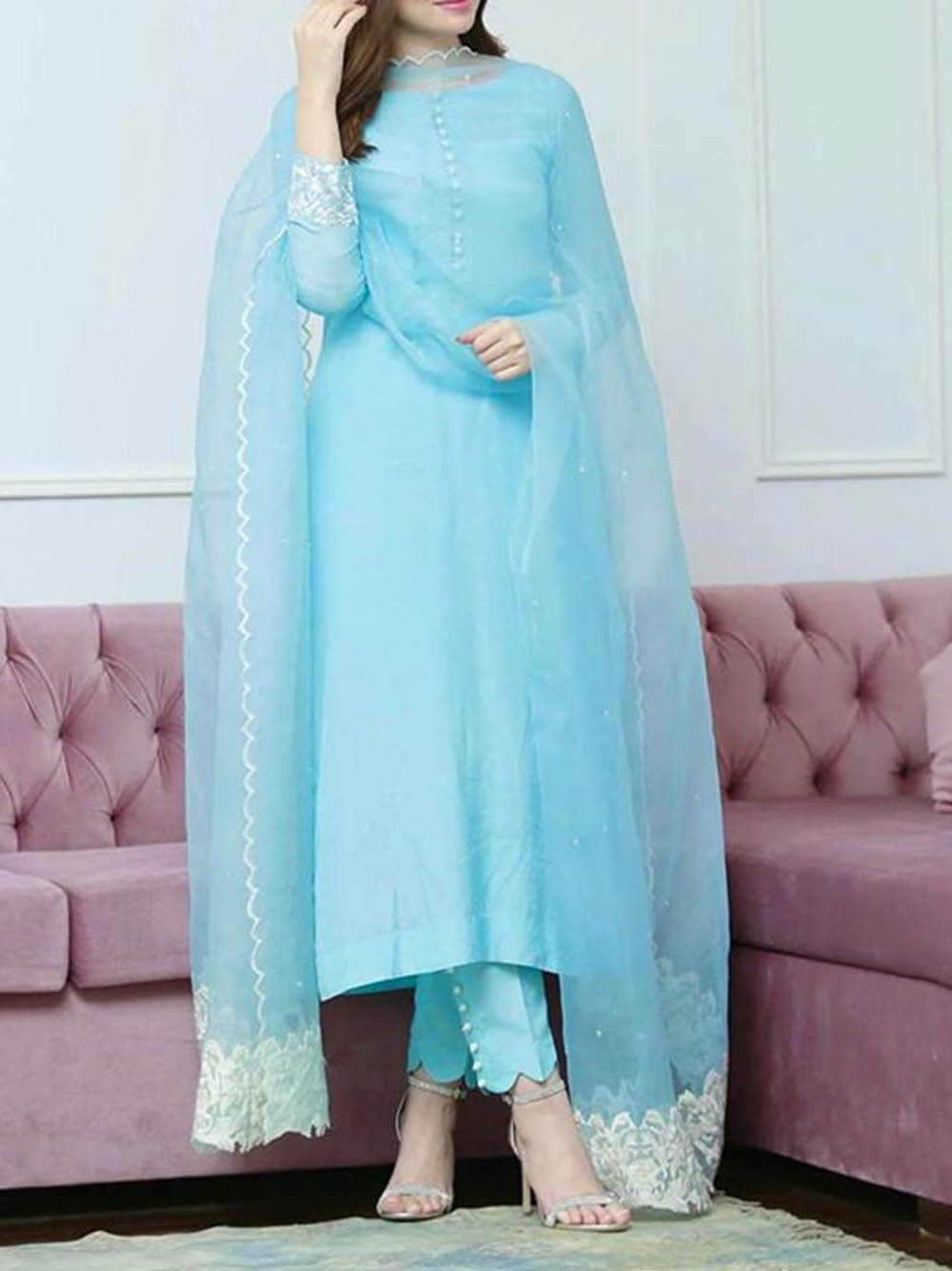 Decent Look Sky Blue Pant Style Suit With Dupatta - Ready to Wear