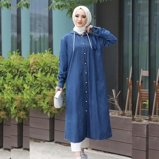 Womens Hooded Dark Blue Denim Abaya