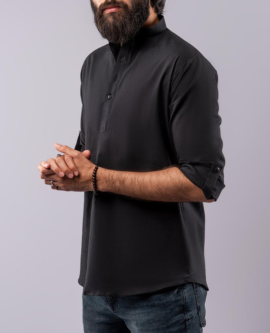 Cotton Henley Shirt - Black