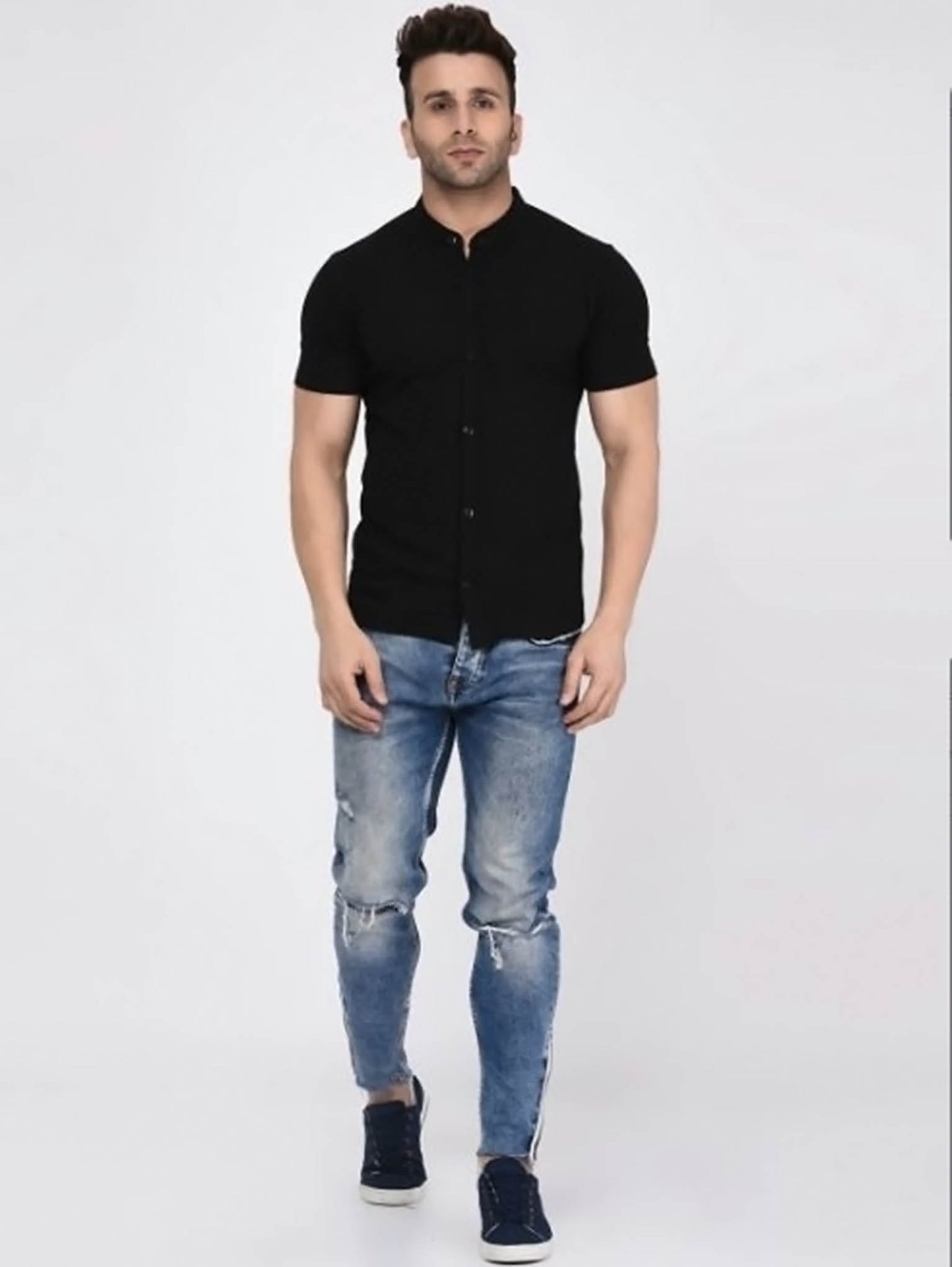 Slim Fit Black Half Sleeves Shirt - Boski Linen