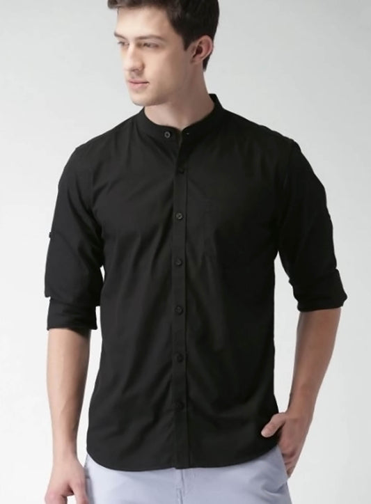 Sherwani Collar Black Shirt Single Pocket - Code # W102