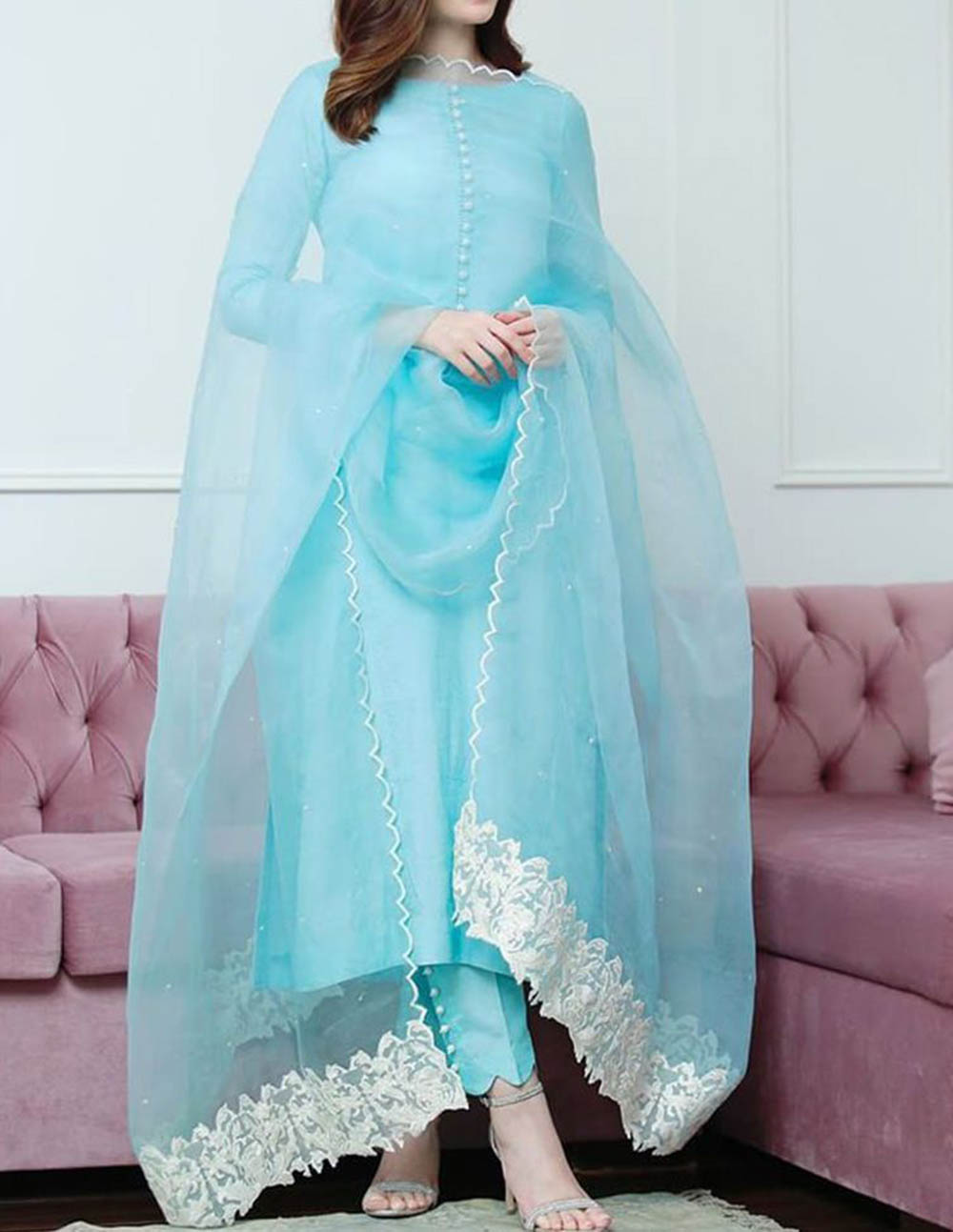 Decent Look Sky Blue Pant Style Suit With Dupatta - Ready to Wear