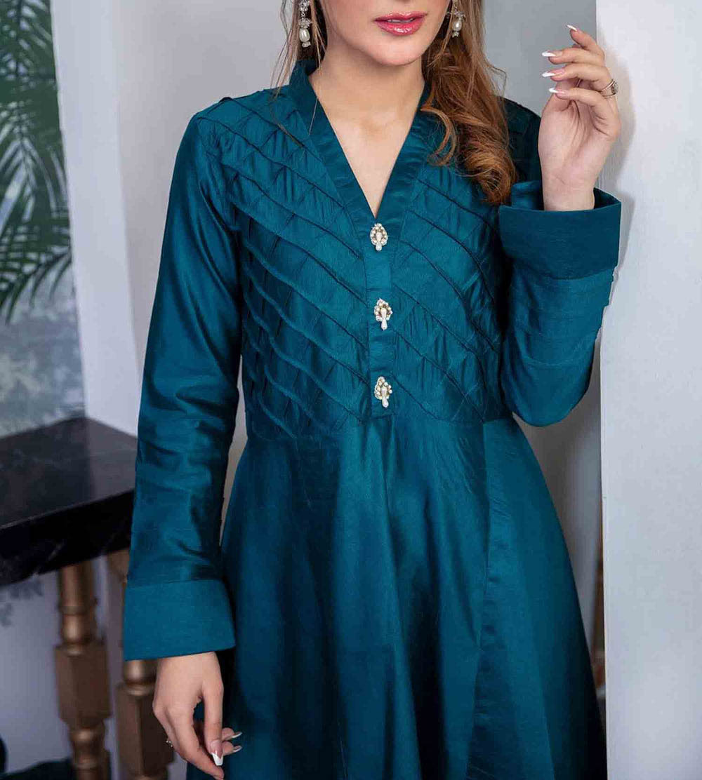 Chambray Katan Long Crosswork Frock Suit - Ready to Wear