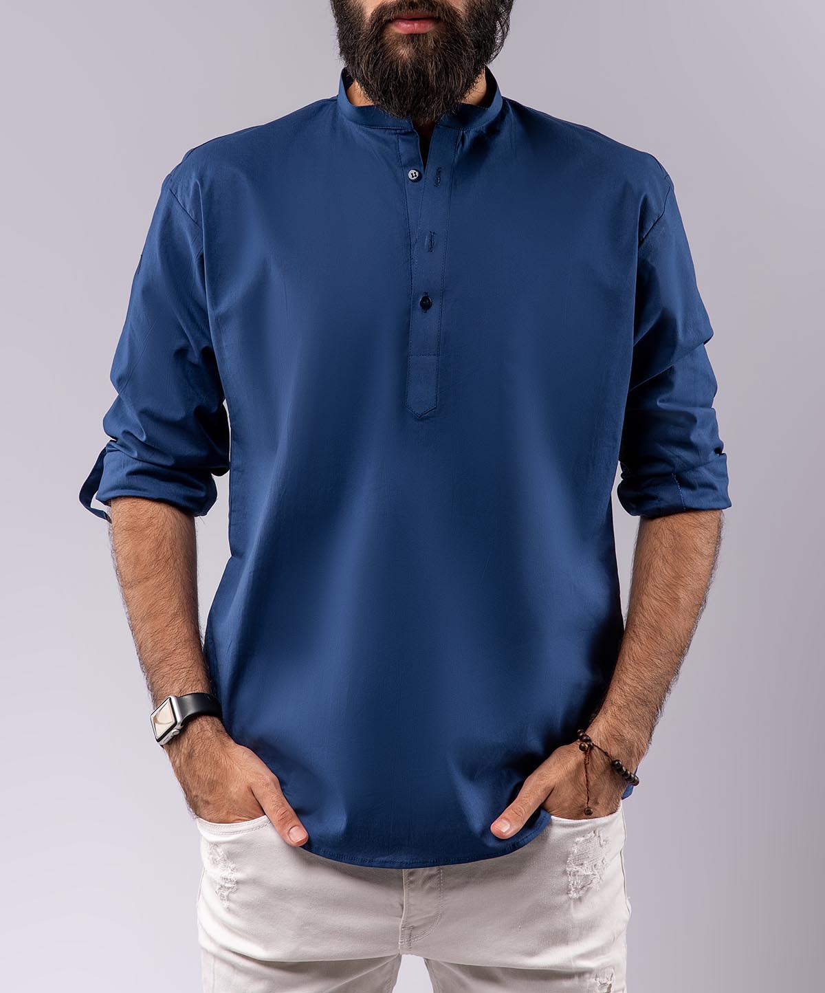 Cotton Henley Shirt - Navy Blue