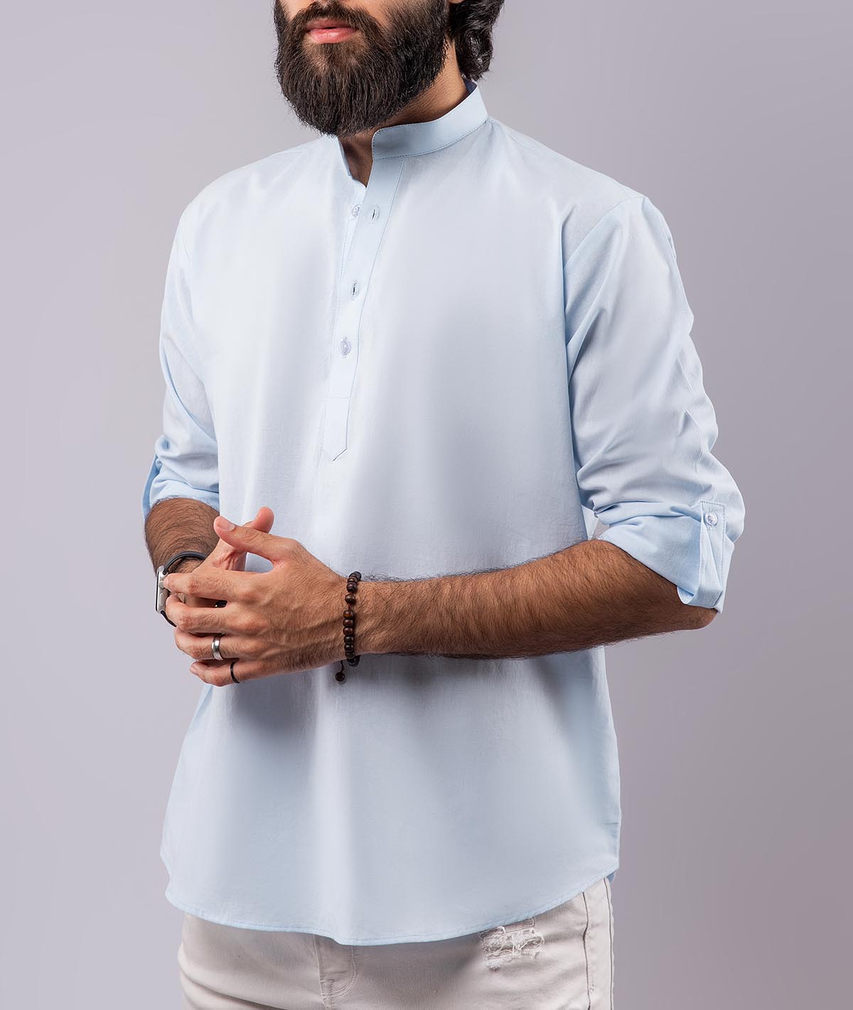 Cotton Henley Shirt - Light Blue