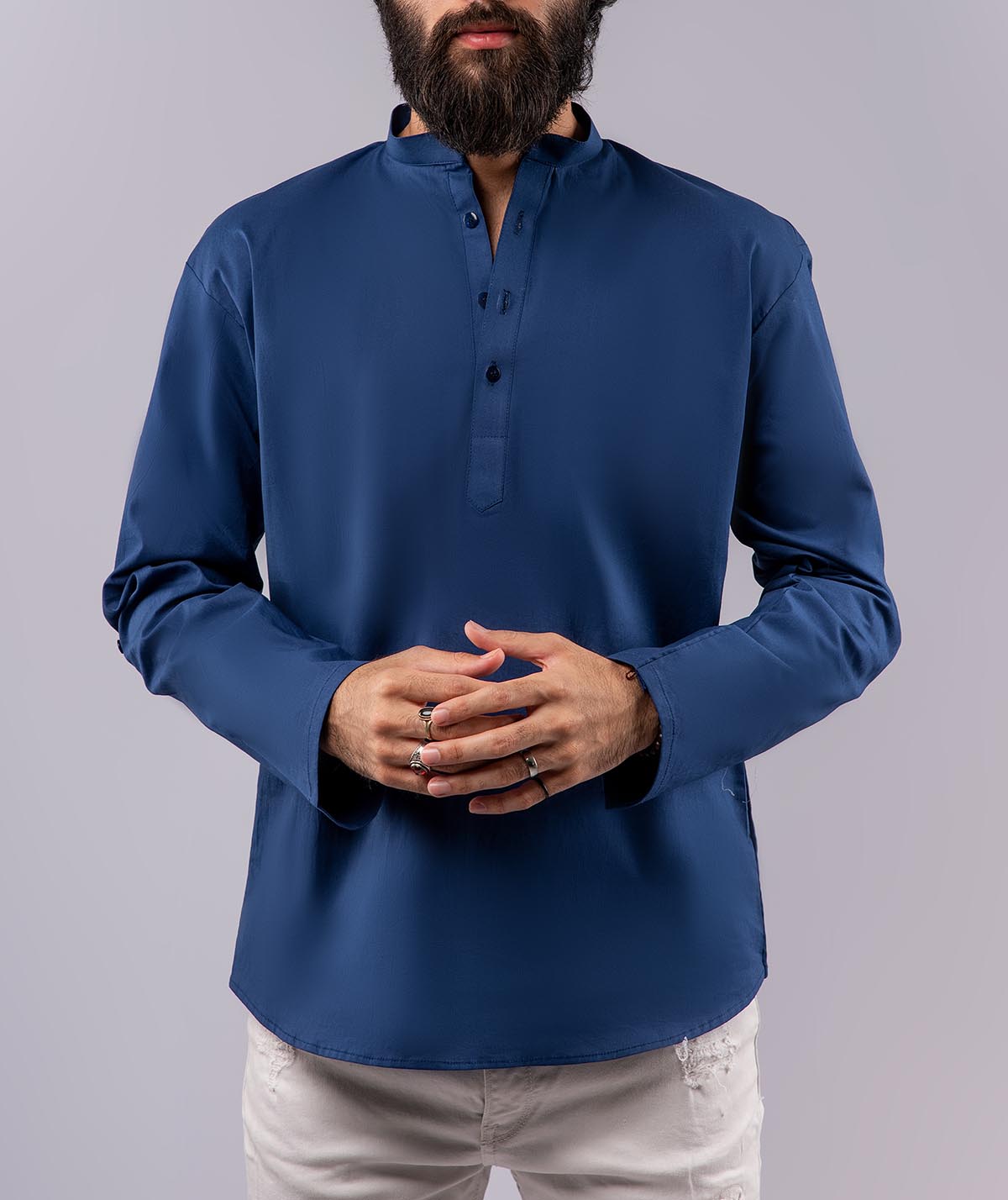 Cotton Henley Shirt - Navy Blue